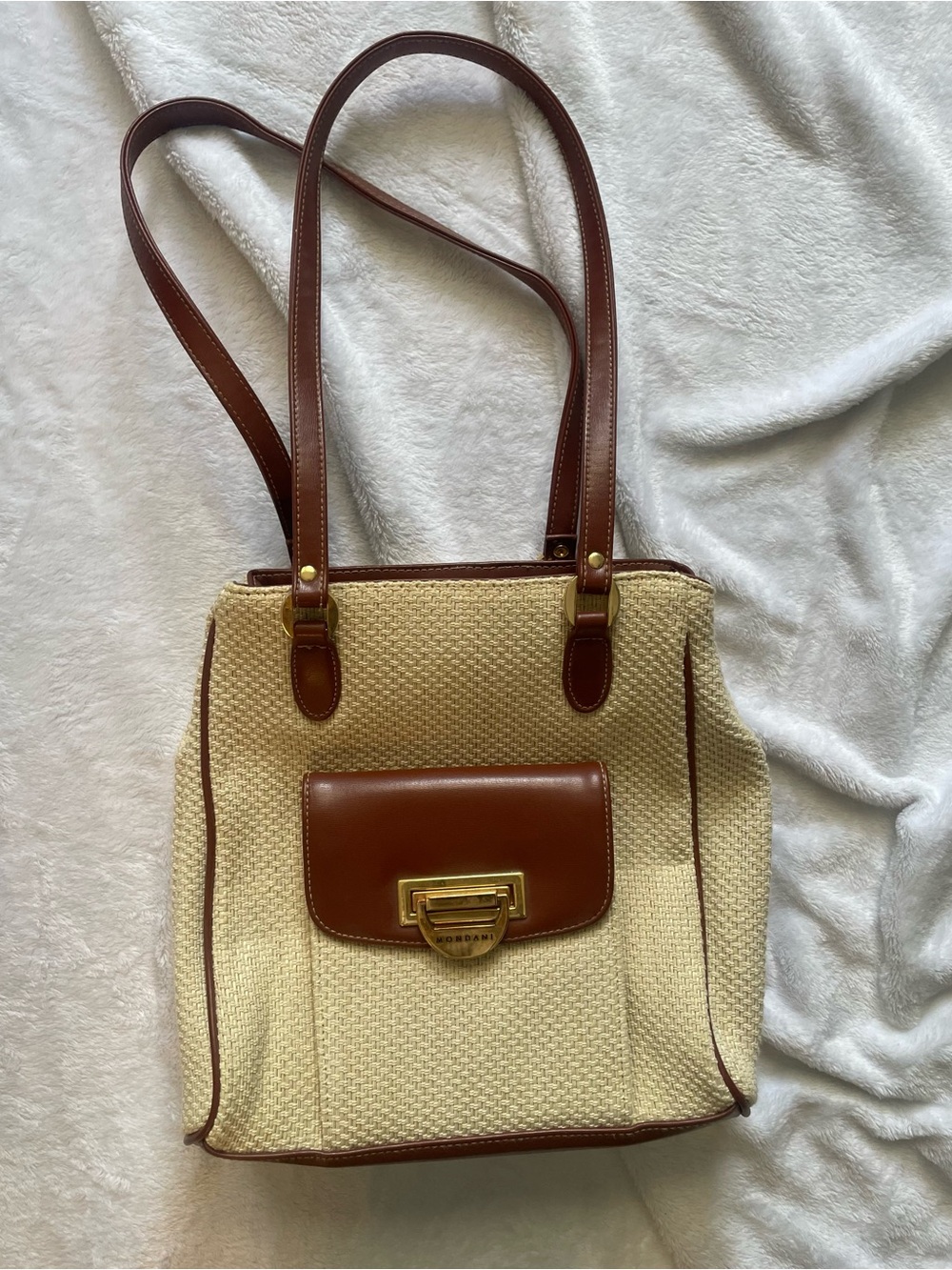 Mondani Cream Woven Shoulder Tote with Brown Faux Leather Trim Boho Summer